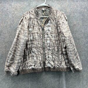 Chicos Jacket Women Large Brown Ruched Zip Front Leopard Print Trim Lightweight